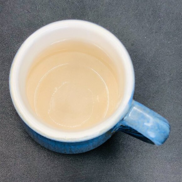 70s Beauce Ceramic Blue Ironstone Coffee Mug Textured Green Yellow Underglaze - Picture 7 of 13